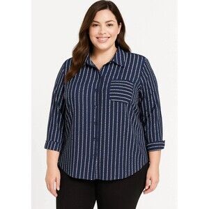 Rebecca Malone Blouse 2X Navy White Geometric Print Button 3/4 Roll Tab Sleeve